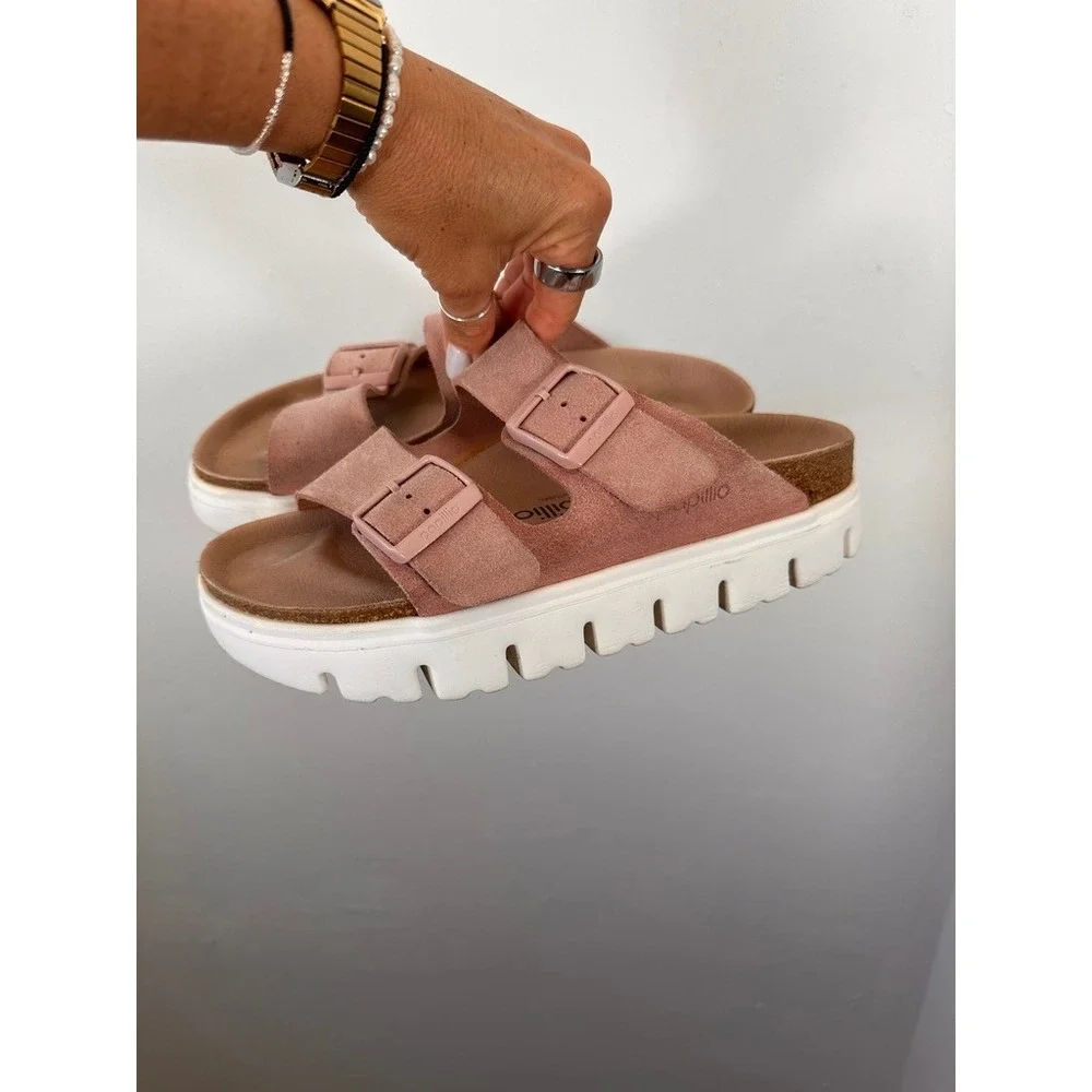 Papillio Birkenstock Arizona Sandals Women 38 Pink Suede Platform Lug Sole Slide